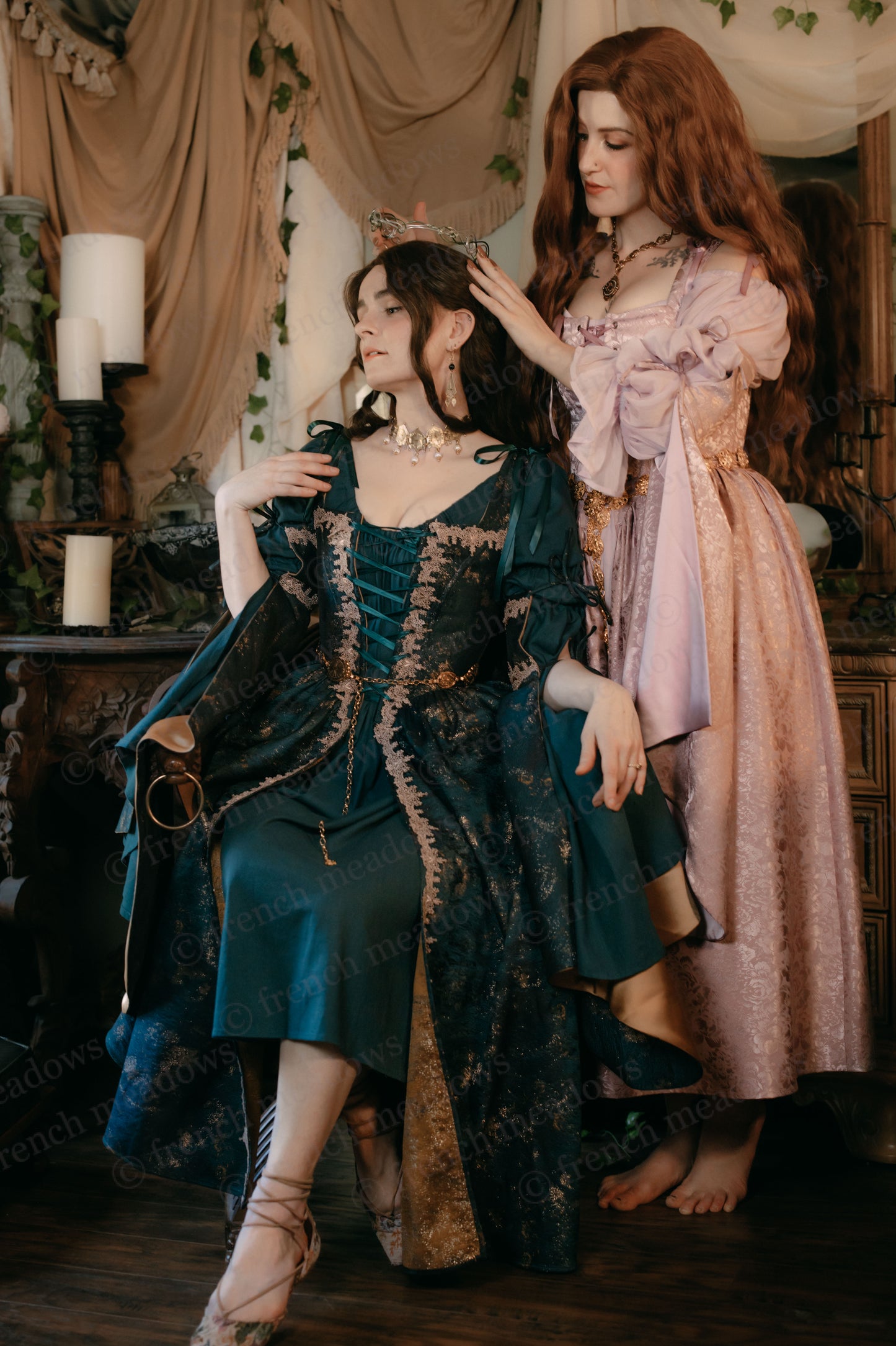 Dark Green Jacquard Corset Dress shown in medieval-inspired setting with ornate detailing and gold accents