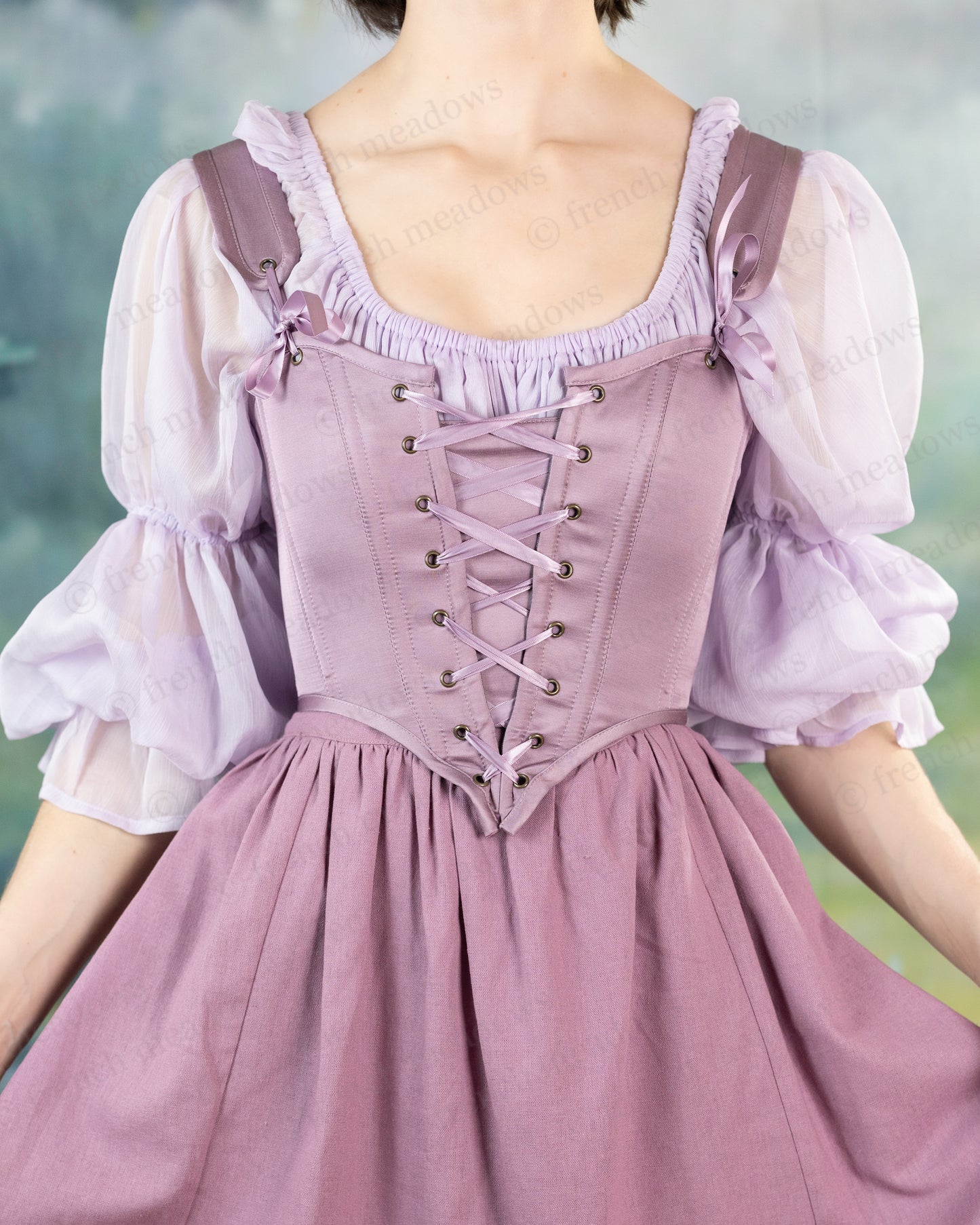 Purple Dusk Satin Corset Top with lace-up front detail, ruched neckline, and puff sleeves in romantic fairy-tale style