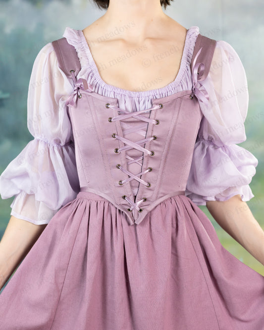 Purple Dusk Satin Corset Top with lace-up front detail, ruched neckline, and puff sleeves in romantic fairy-tale style