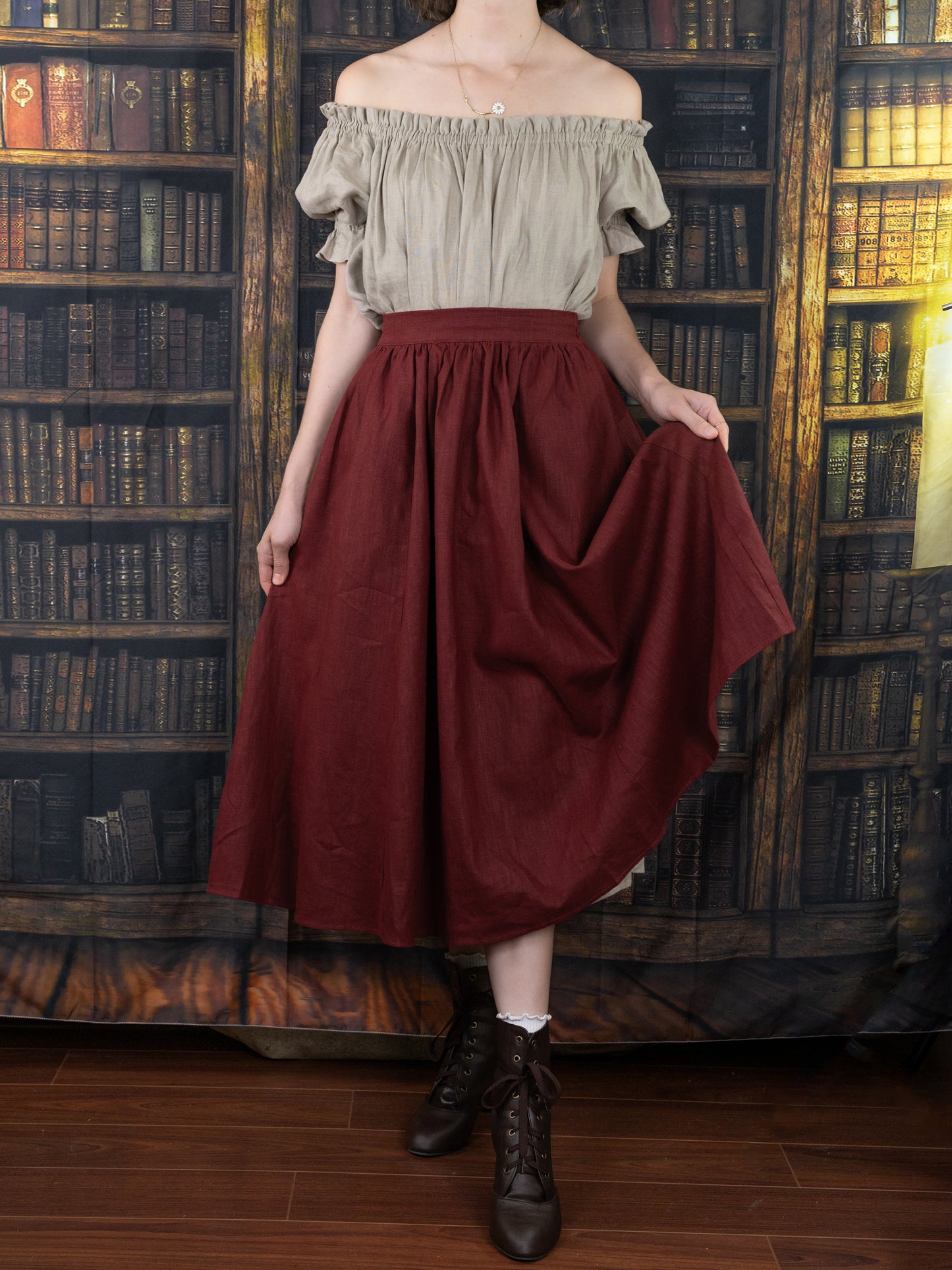 Burgundy Ramie Midi Skirt styled with off-shoulder peasant top shown against vintage library backdrop in cottagecore fashion