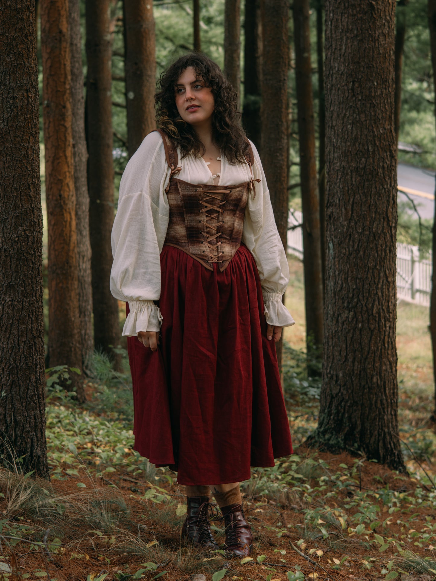 Burgundy Ramie Midi Skirt shown with brown corset and white chemise in forest setting, creating medieval renaissance style outfit