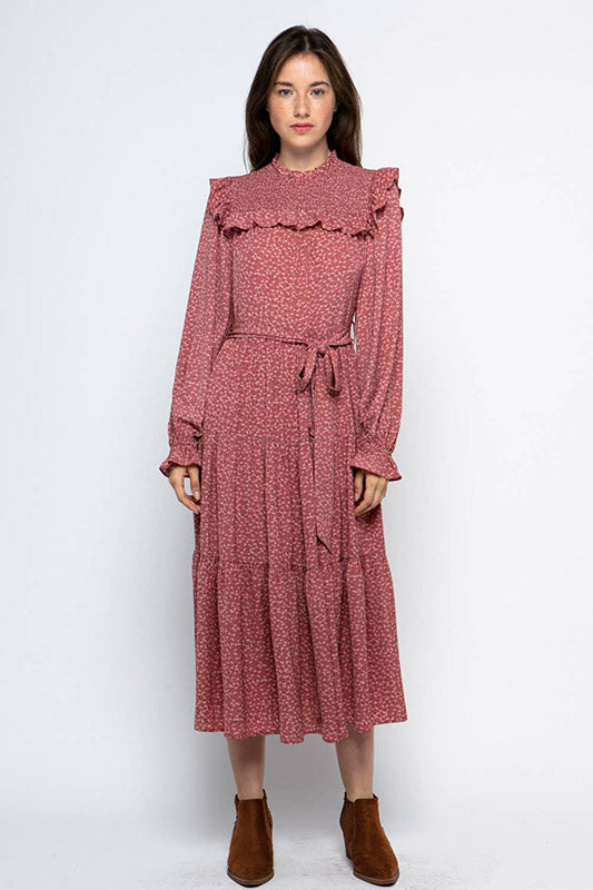 Ruffled Prairie Dress in mauve with ditsy floral print, featuring smocked yoke, bishop sleeves and tiered ruffles