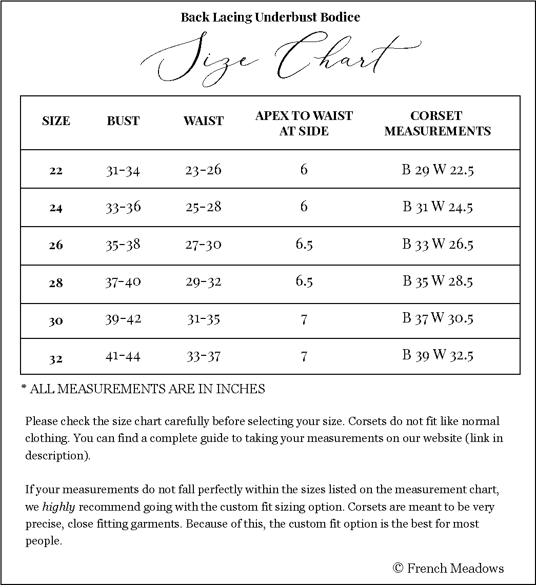 Size chart for Handmade Black Tarot Underbust Bodice showing measurements from size 22 to 32, including bust, waist and corset dimensions