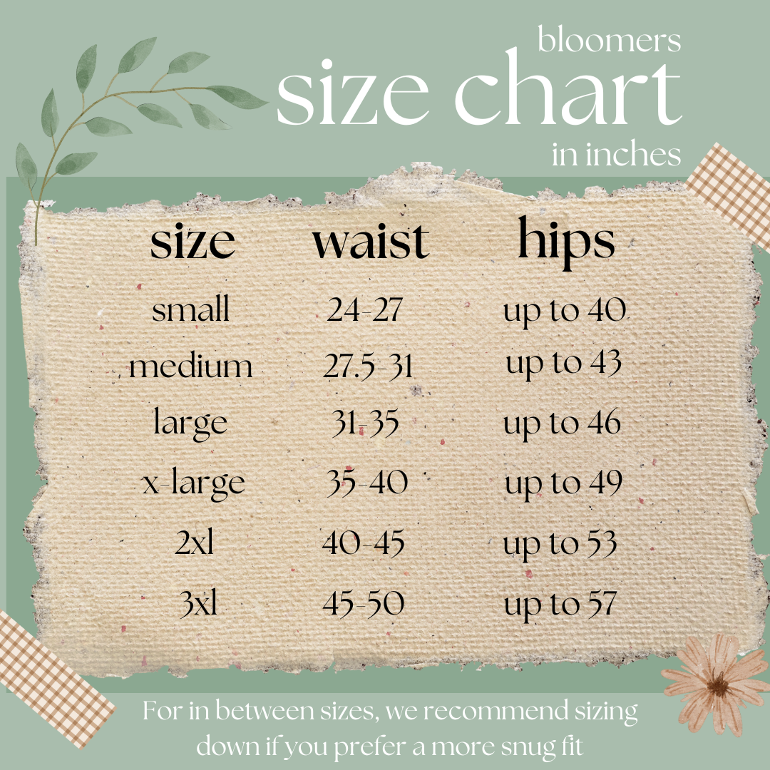 White Ditsy Floral Bloomers size chart showing measurements for waist and hips across six sizes from small to 3XL on sage green background