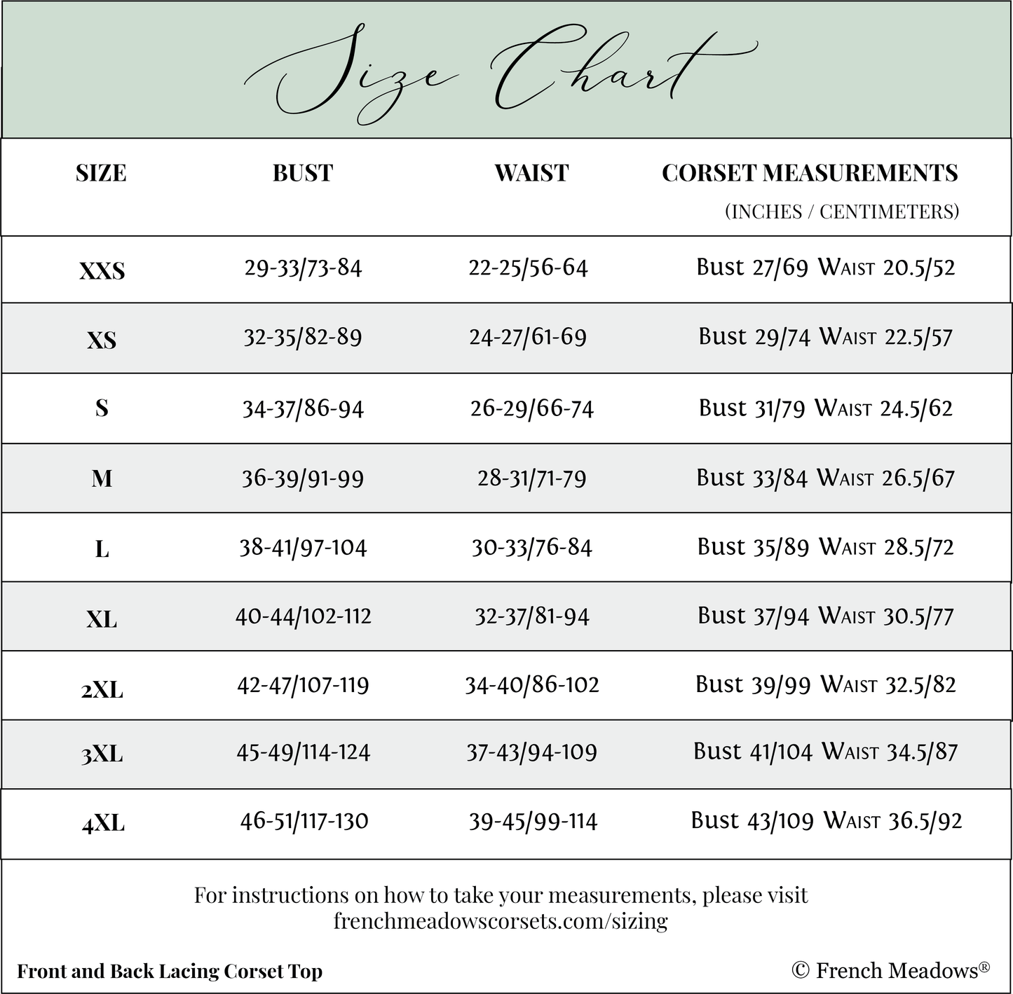 Size chart for Lilac Satin 18th Century Stays showing measurements from XXS to 4XL with bust and waist dimensions in inches and centimeters