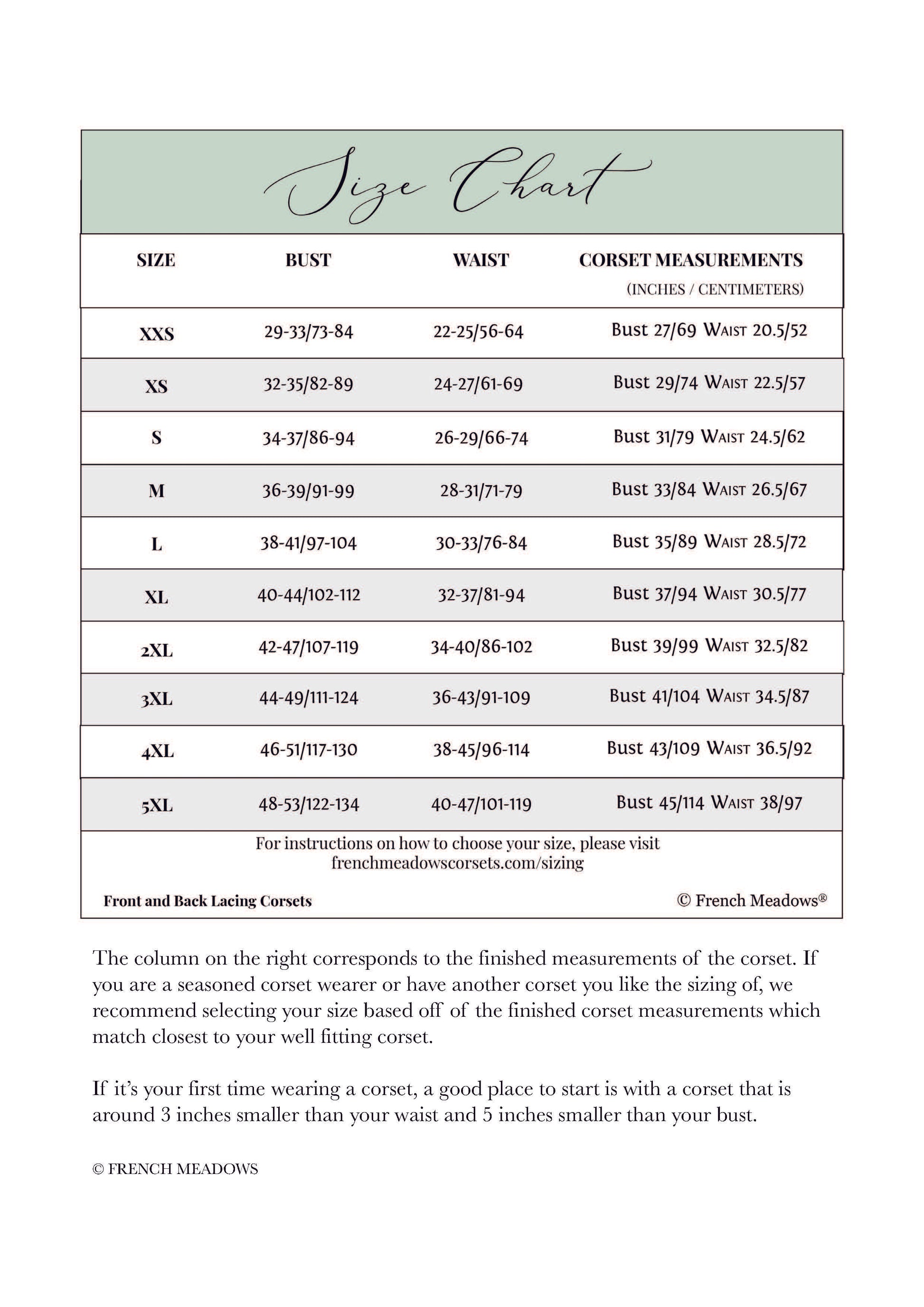 Size chart for Renaissance Corset Sewing Pattern showing bust, waist, and corset measurements in inches and centimeters.