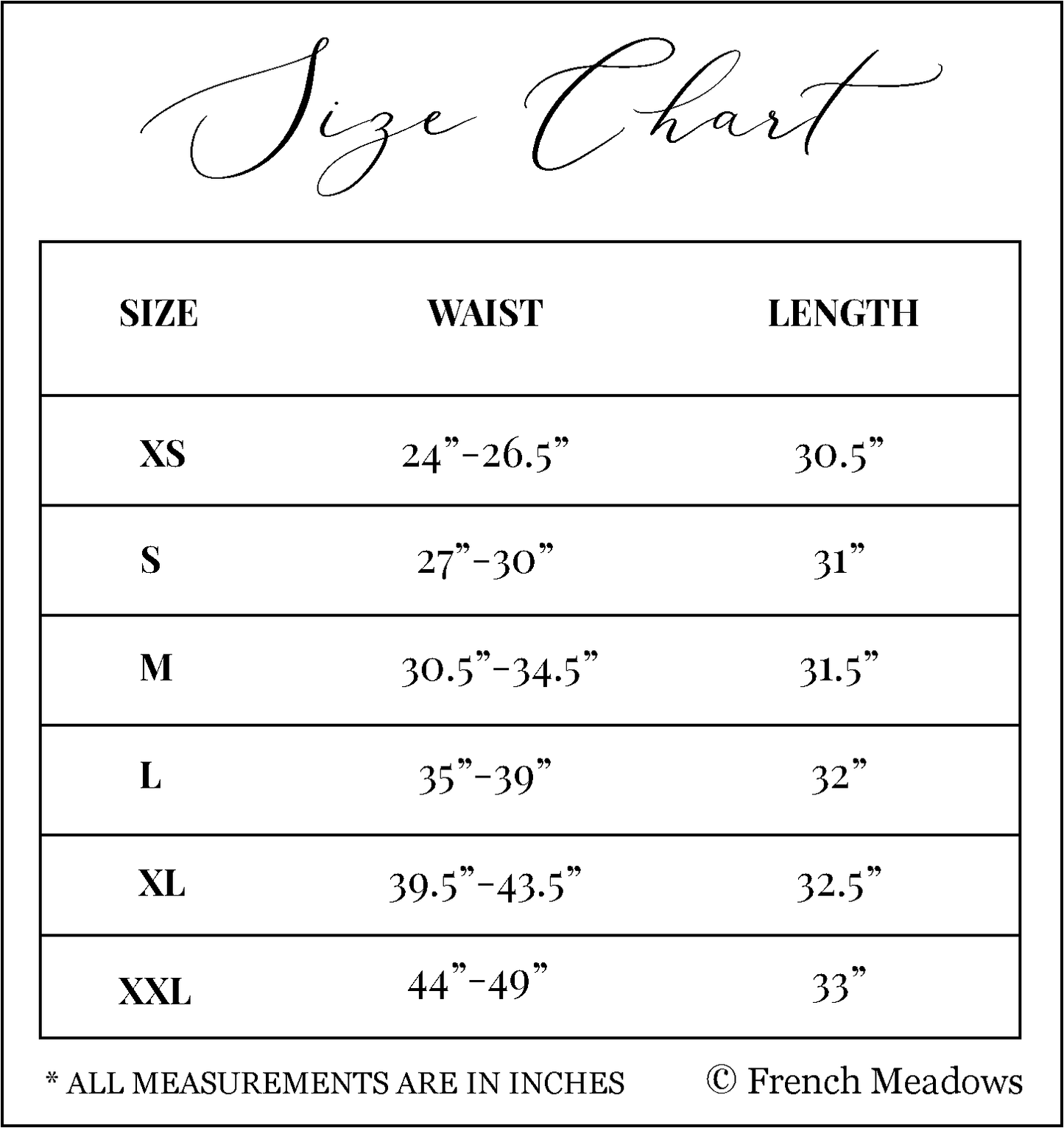 White Cotton Petticoat size chart showing measurements for waist and length in sizes XS through XXL