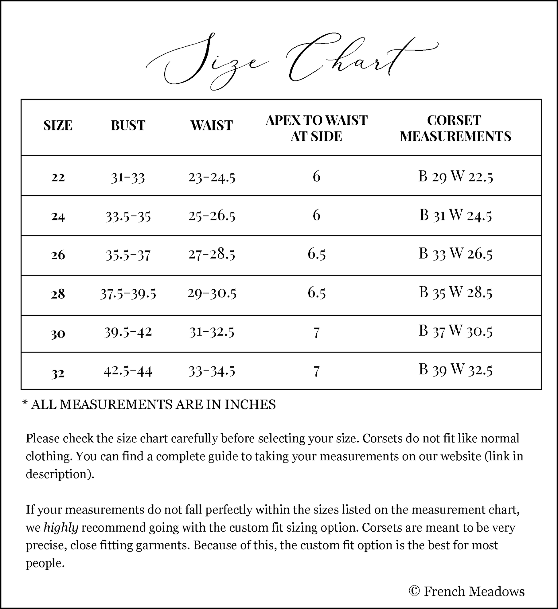 Size chart for Handmade Blue Mushroom Renaissance Bodice showing measurements from size 22 to 32, including bust, waist and corset details