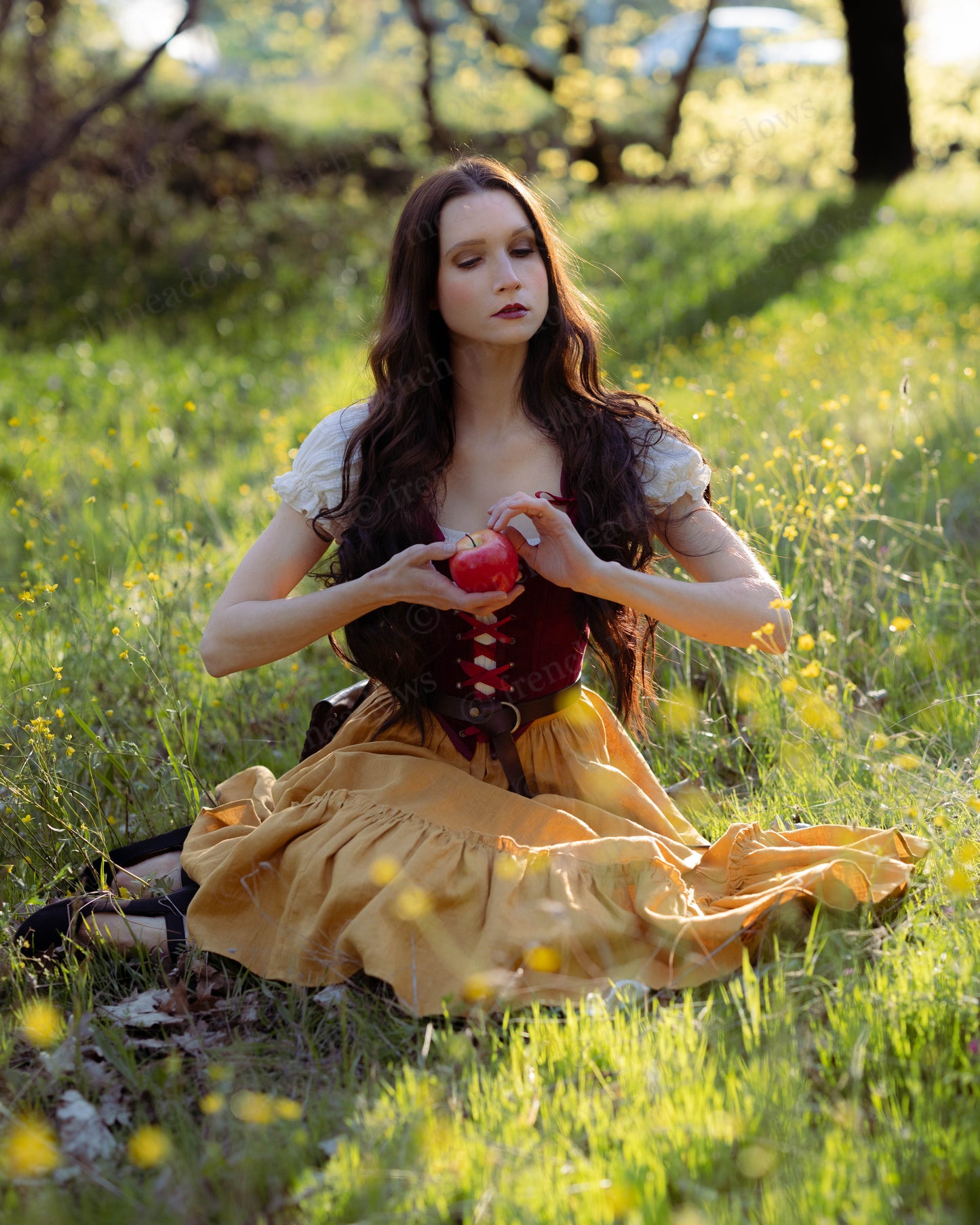 Woman sitting in a field wearing a Dark Red Velvet Corset Top with lace-up front, holding a red apple in sunlight.