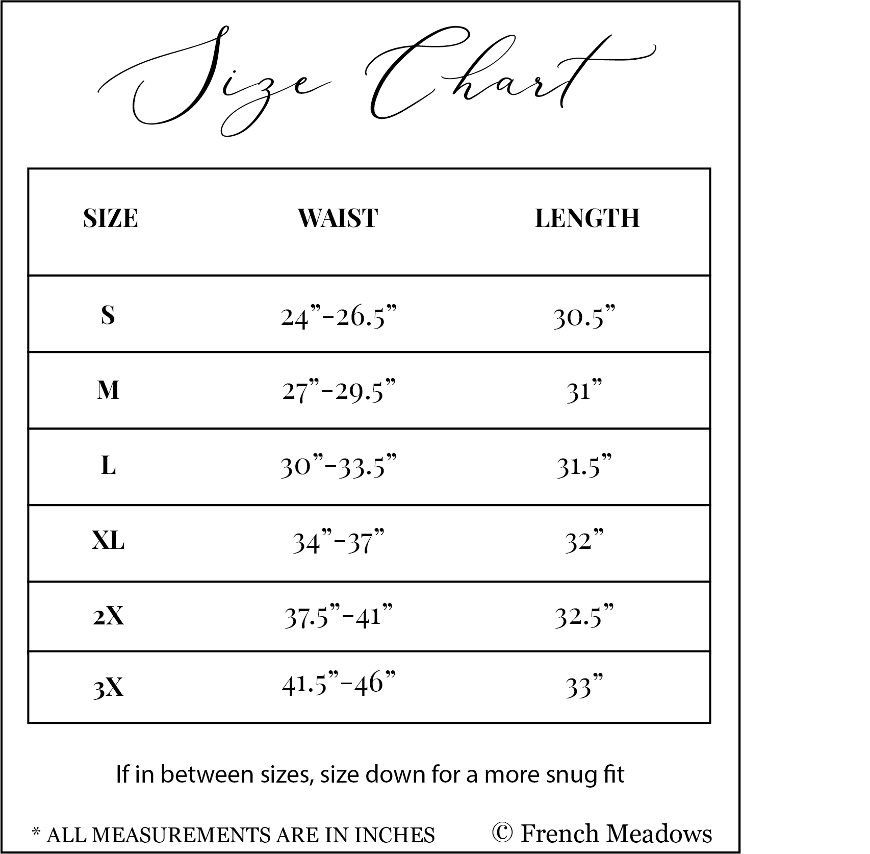 Size chart for Vintage Rose Linen Midi Skirt showing measurements for waist and length across sizes S through 3X