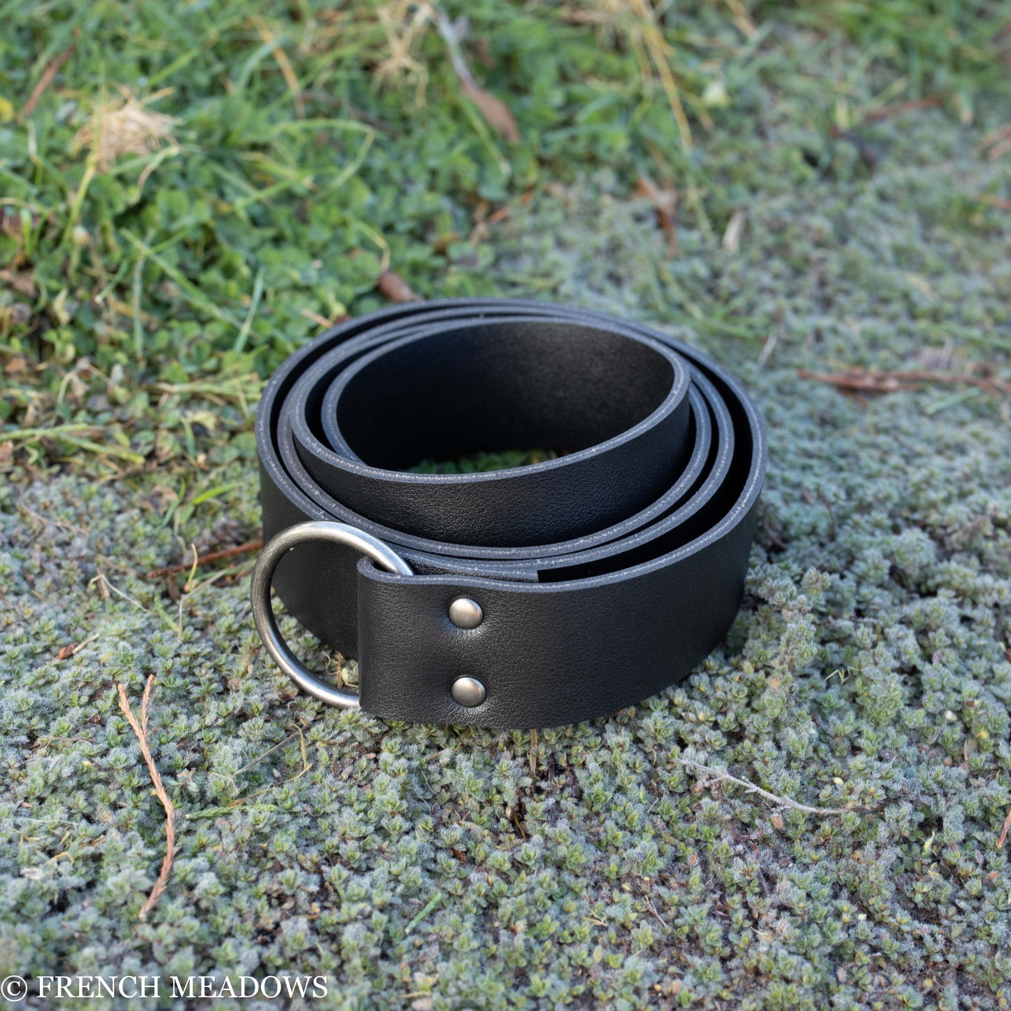Black vegan leather renaissance belt with silver ring buckle displayed coiled on mossy ground
