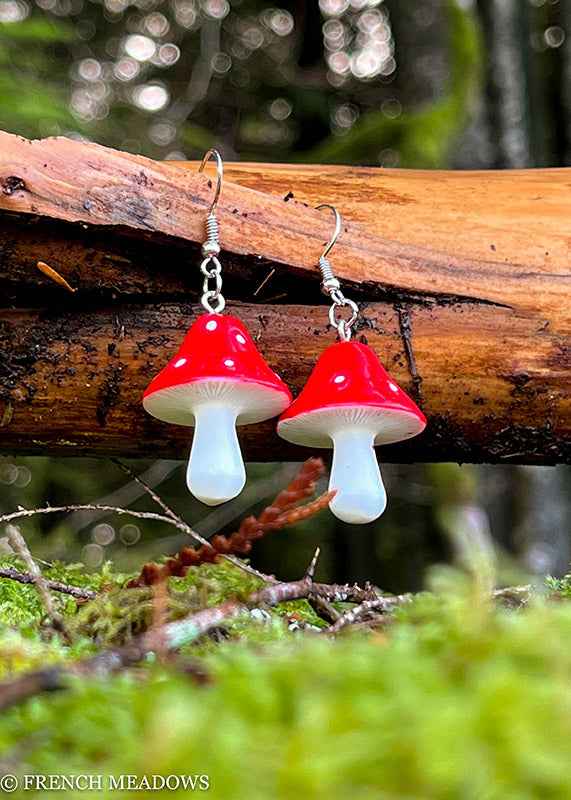 Amanita Mushroom Earrings with bright red caps and white stems displayed on rustic wood against blurred forest background