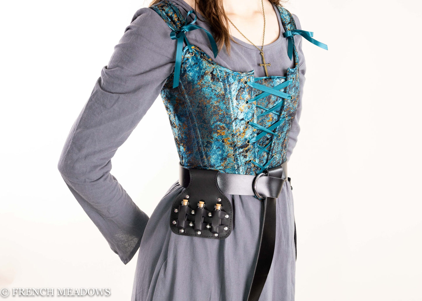 Potion Bottle Pouch in black leather shown attached to belt with glass vials, perfect for Renaissance costume accessories