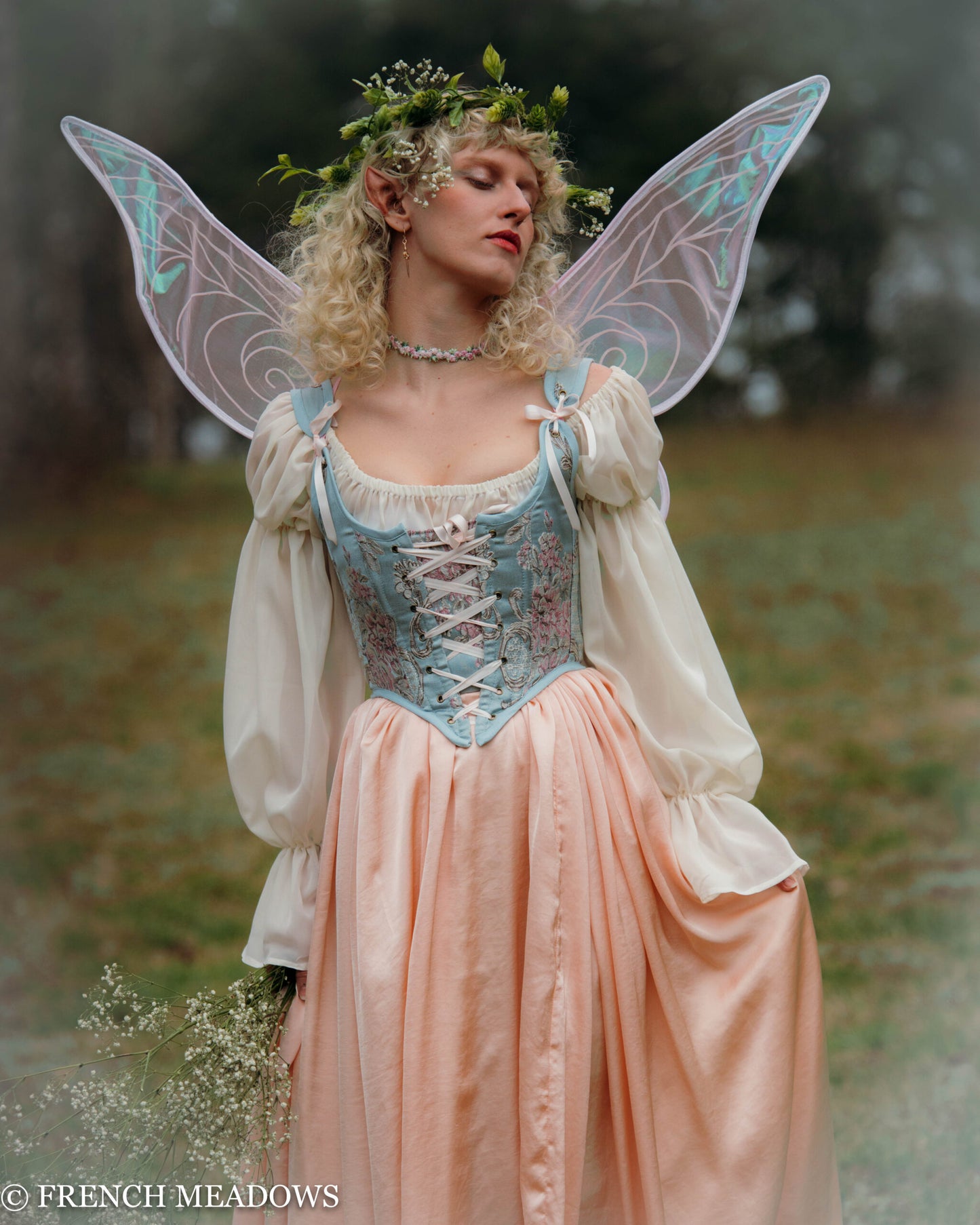 Soft White Chiffon Chemise shown with fairy wings and floral crown in ethereal woodland setting with dreamy renaissance styling