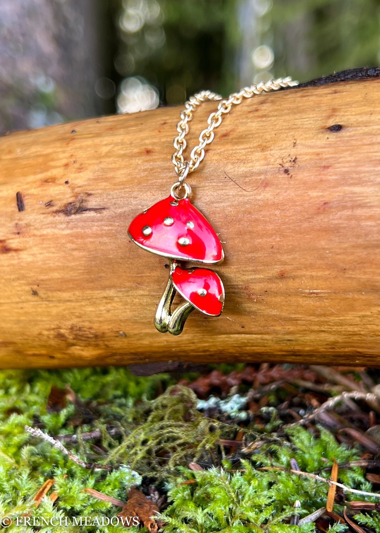 Amanita Mushroom Necklace with red spotted mushroom pendant on silver chain displayed on wooden log with mossy background