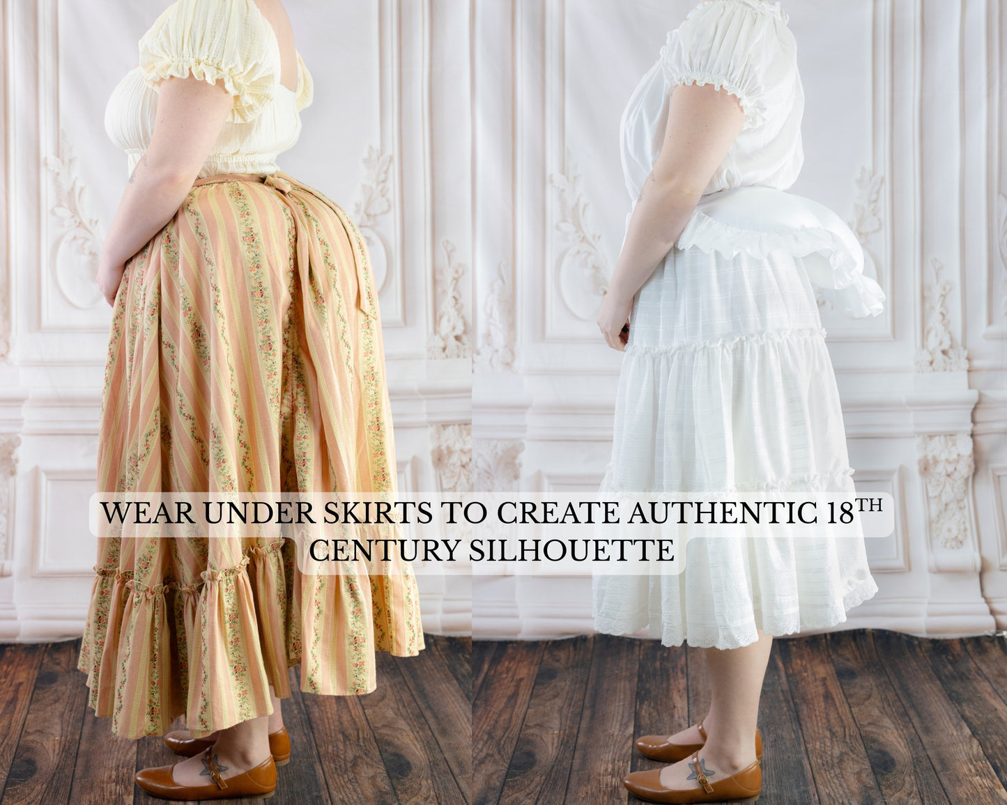 Two women side by side wearing skirts with the Bustle Pad enhancing an authentic 18th century silhouette underneath.