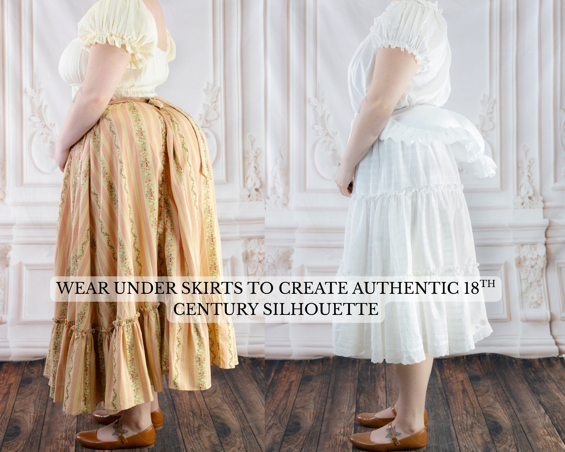 Two women side by side wearing skirts with the Bustle Pad enhancing an authentic 18th century silhouette underneath.