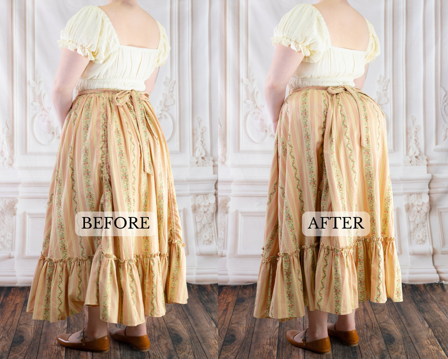 Side-by-side before and after photo showing the effect of the Bustle Pad under a vintage skirt