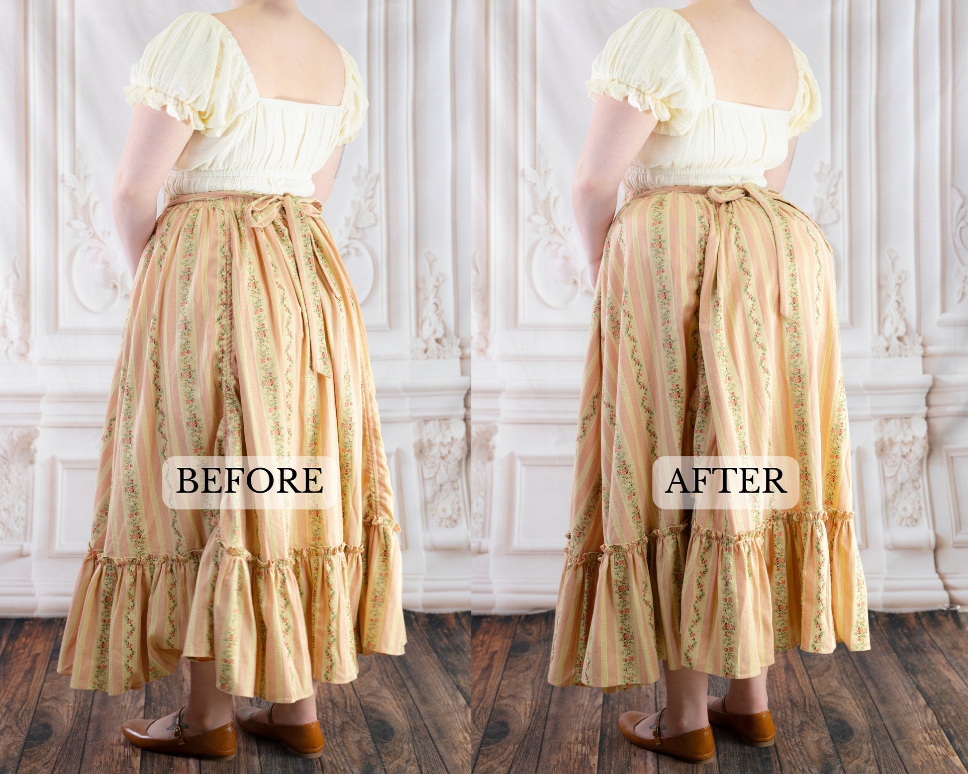 Side-by-side before and after photo showing the effect of the Bustle Pad under a vintage skirt