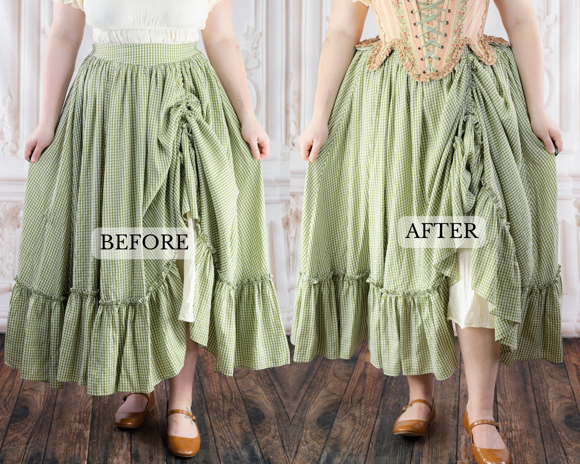 Comparison of skirt shape before and after using Bustle Pad creating a rounded, lifted back silhouette under the skirt