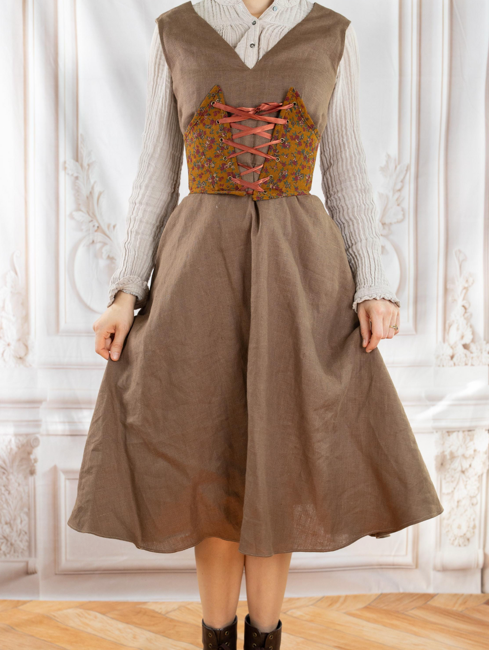 Handmade Front-Lacing Brown Floral Corset Belt