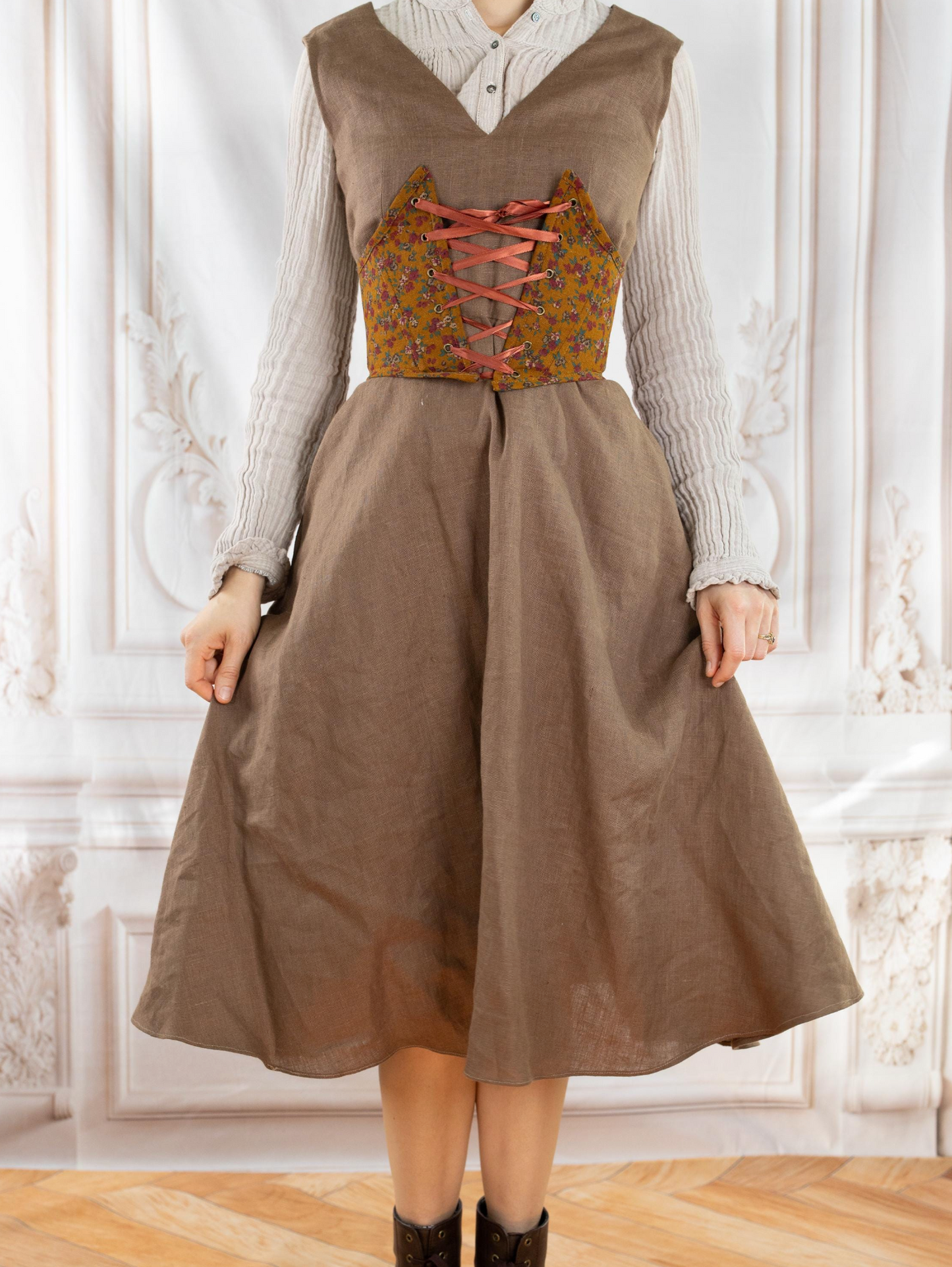 Handmade Front-Lacing Brown Floral Corset Belt