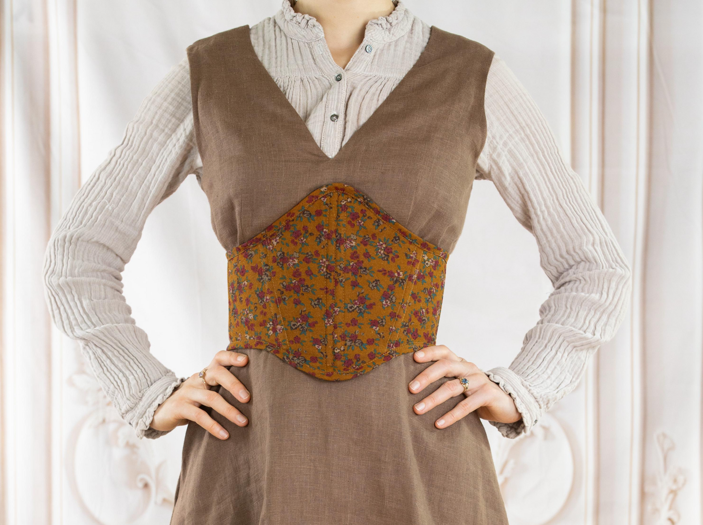 Handmade Back-Lacing Brown Floral Corset Belt