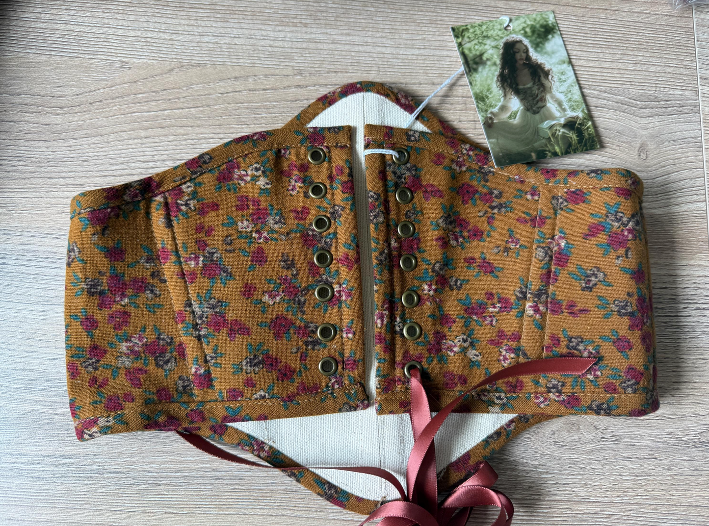 Handmade Back-Lacing Brown Floral Corset Belt