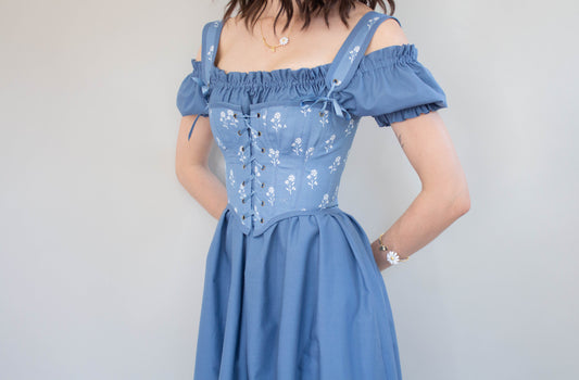 Handmade Blue and White Floral Regency Stays - Size XS worn by model with delicate floral embroidery and structured fit