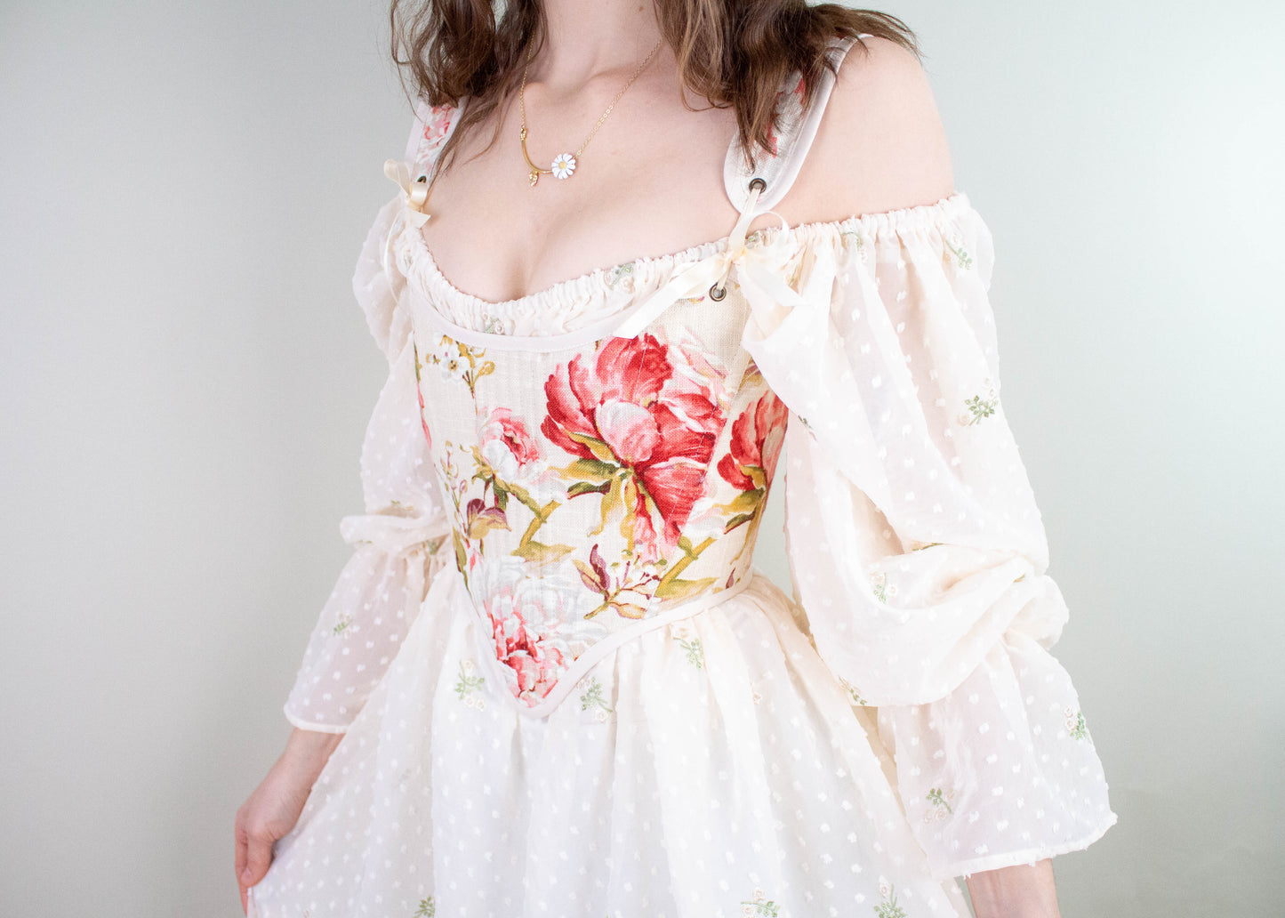 Handmade Covington Tea Rose Corset with pink floral bodice and off-shoulder sheer sleeves in cottagecore cosplay style