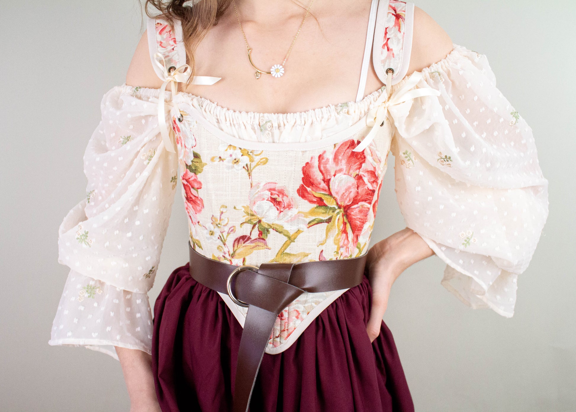 Handmade Covington Tea Rose Corset with pink floral bodice and off-shoulder sheer puff sleeves in cottagecore style