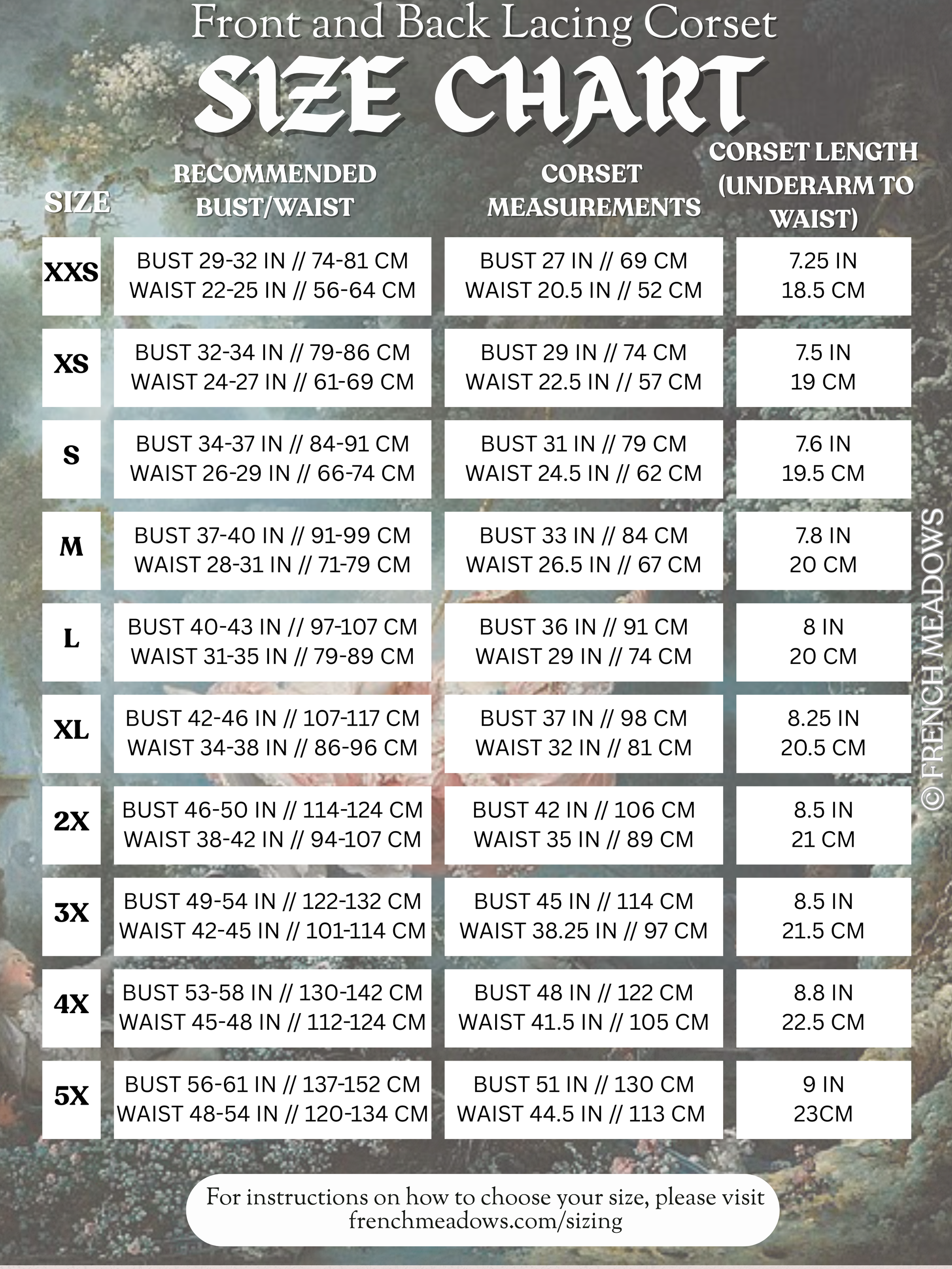 Size chart for Sage Cotton Corset showing recommended bust, waist, and corset measurements with lacing details.