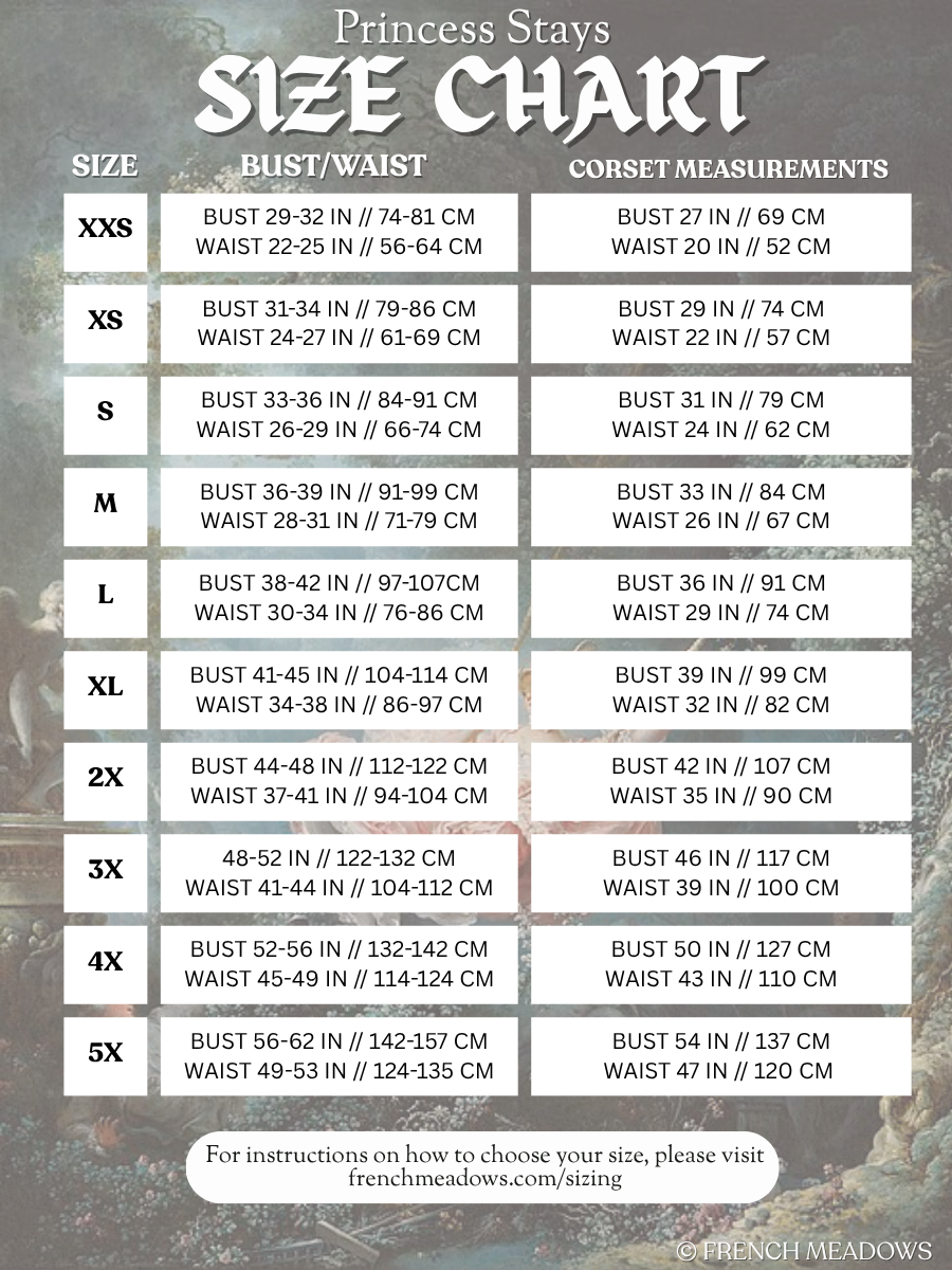 Brown Princess Stays size chart showing bust and waist measurements for corset fitting and comfort in multiple sizes.