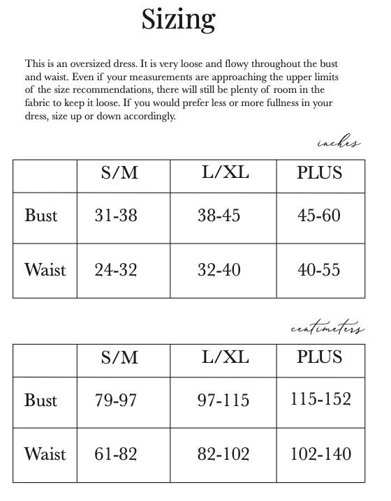 Renaissance Chemise Sewing Pattern sizing chart showing bust and waist measurements for S/M, L/XL, and Plus sizes in inches and centimeters