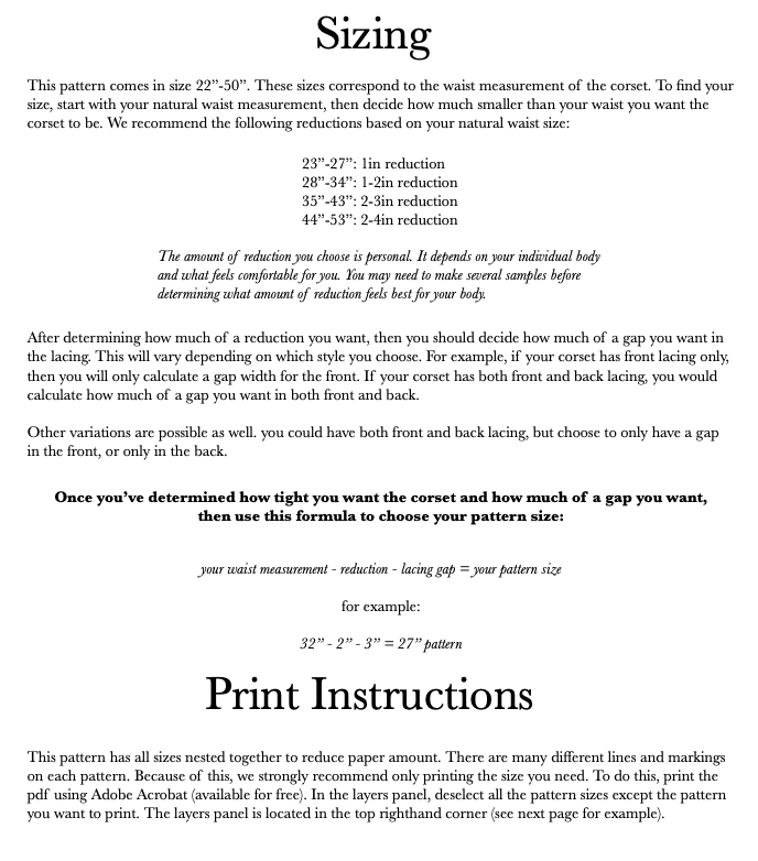 Sizing guide and print instructions for Corset Belt PDF Sewing Pattern with waist measurements 22 to 50 inches