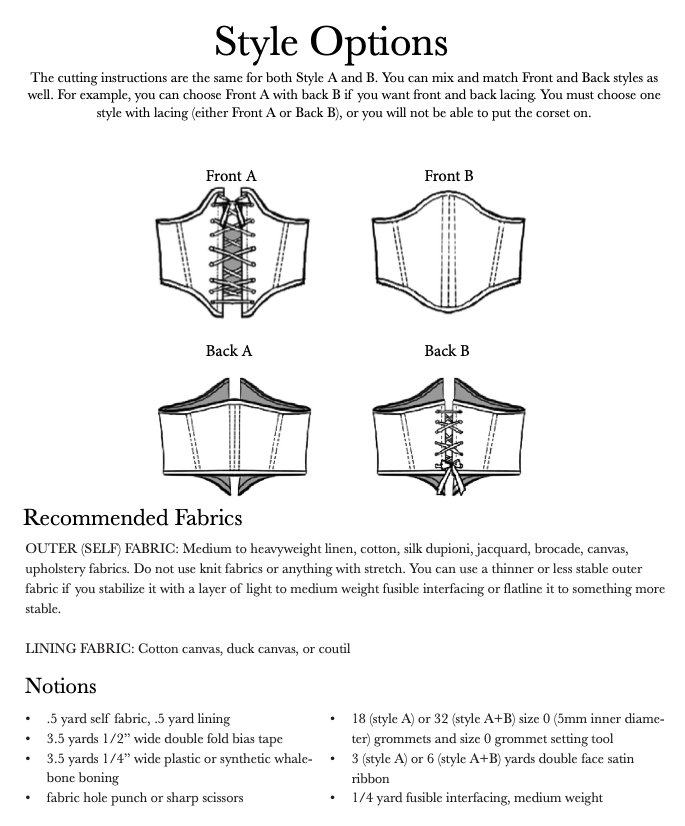 Diagram showing style options and fabric recommendations for the Corset Belt PDF Sewing Pattern with front and back lacing choices