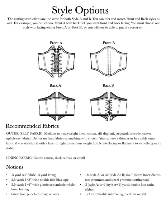 Diagram showing style options and fabric recommendations for the Corset Belt PDF Sewing Pattern with front and back lacing choices