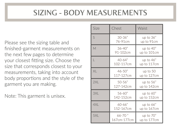 Darcy Shirt PDF Sewing Pattern sizing chart showing chest and waist measurements for unisex garment sizes S to 5XL