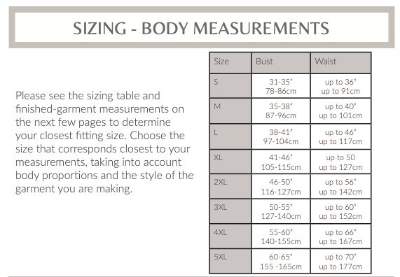 Sizing chart with body measurements for the Flutter Dress PDF Sewing Pattern from small to 5XL sizes