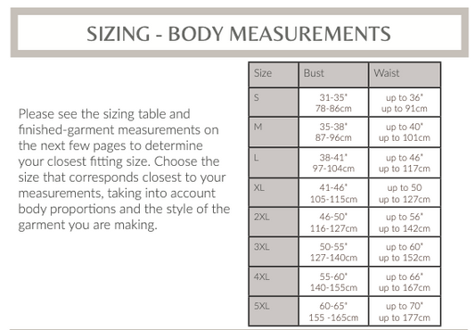 Sizing chart with body measurements for the Flutter Dress PDF Sewing Pattern from small to 5XL sizes