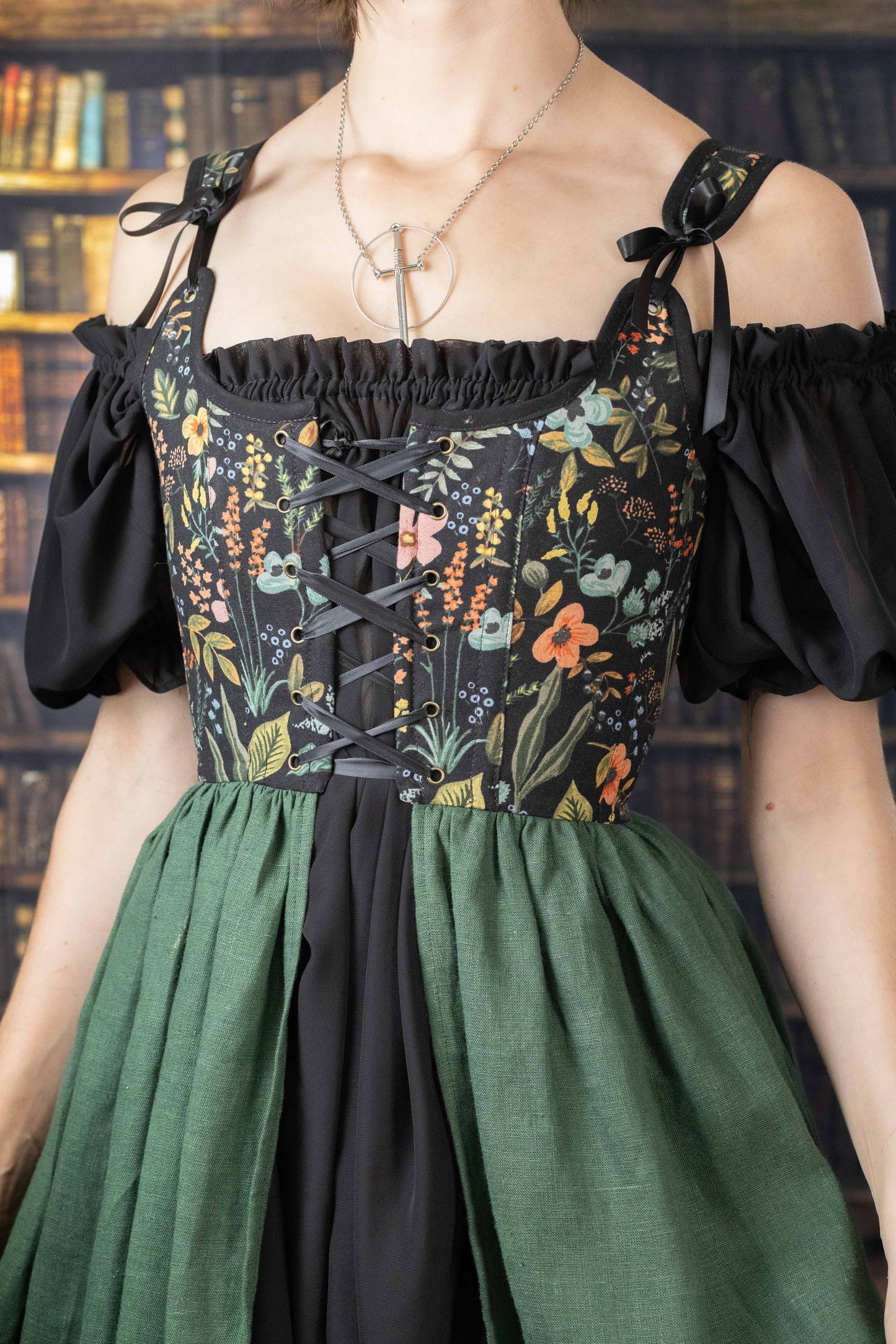 Handmade Black Botanical Corset Dress