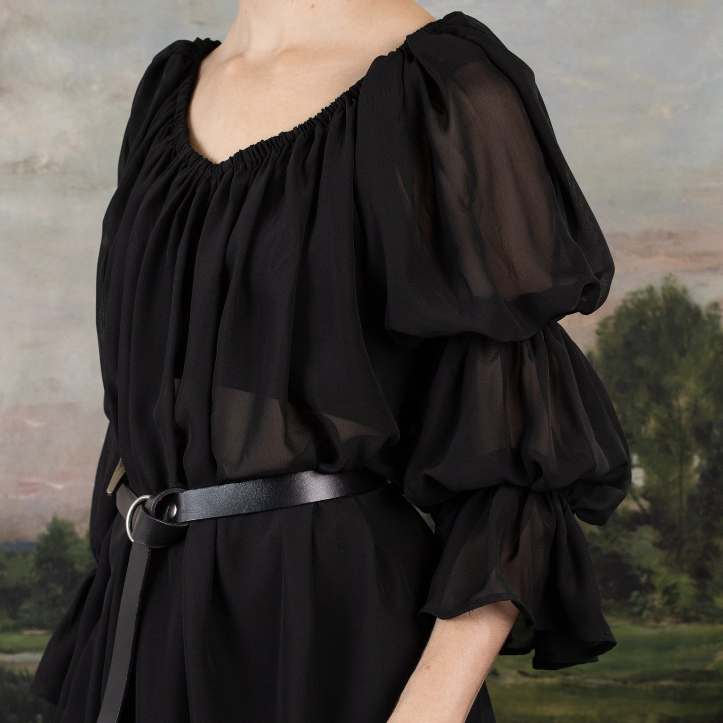 close up view of tiered puff sleeves in italian renaissance style