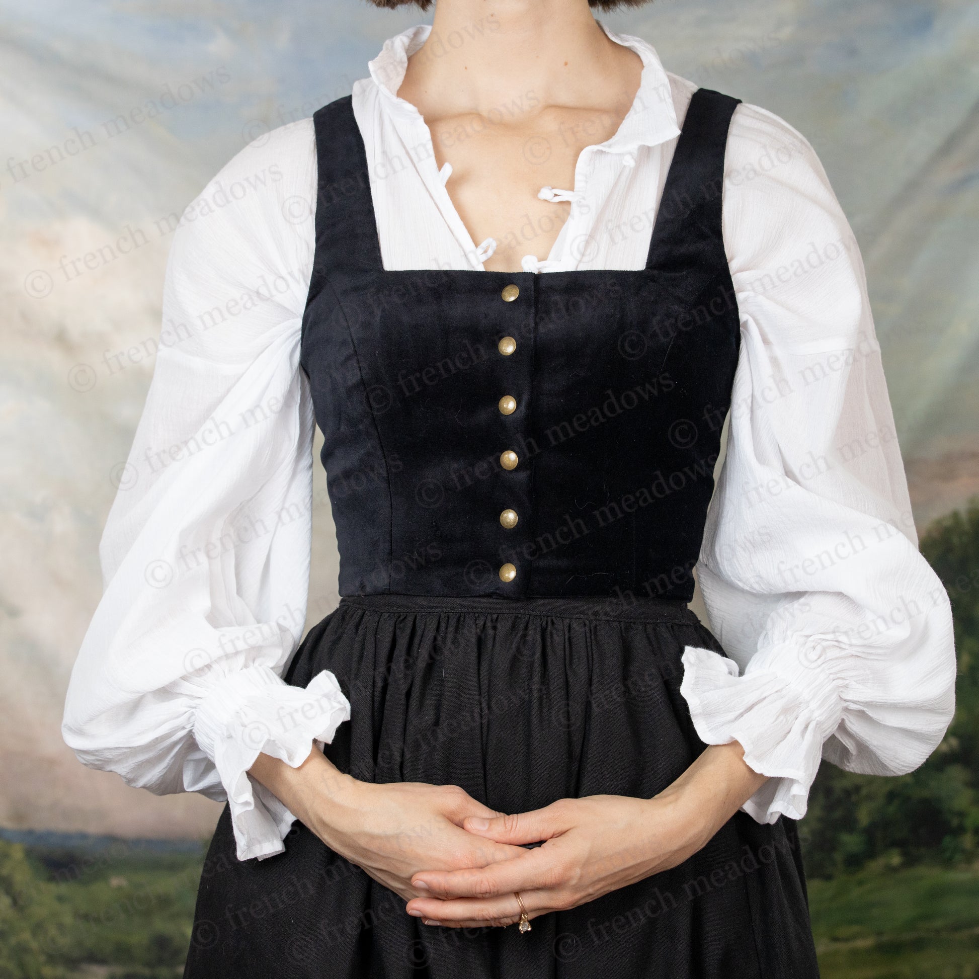 Darcy Shirt in antique ivory cotton with billowing sleeves and knotted button closures for a refined historical look.