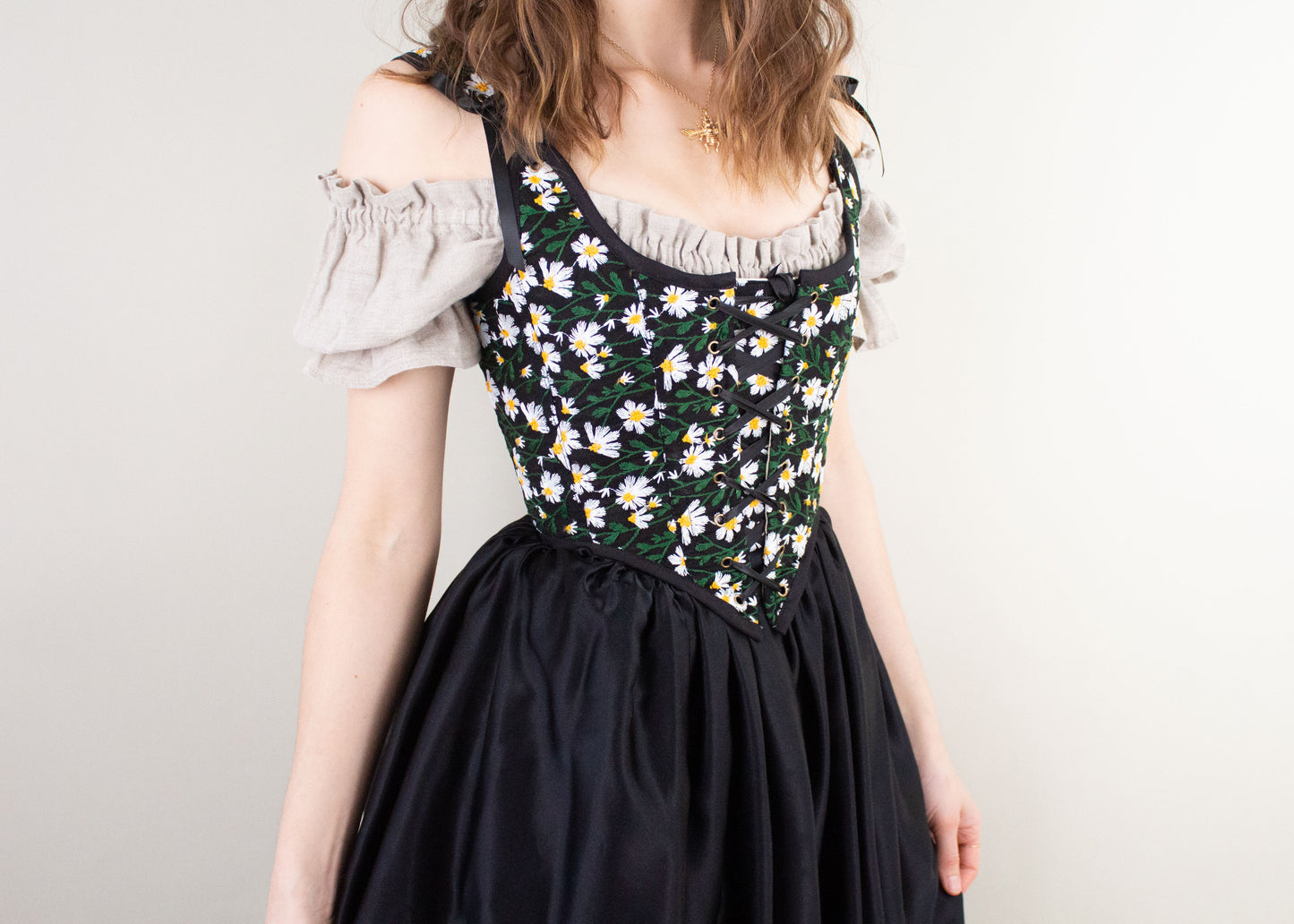 Handmade Black Embroidered Daisies Corset