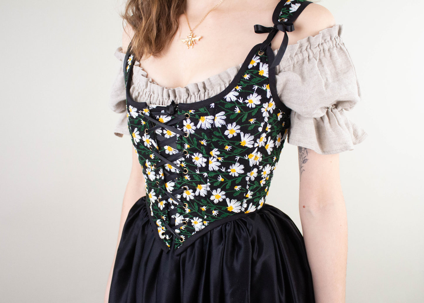 Handmade Black Embroidered Daisies Corset