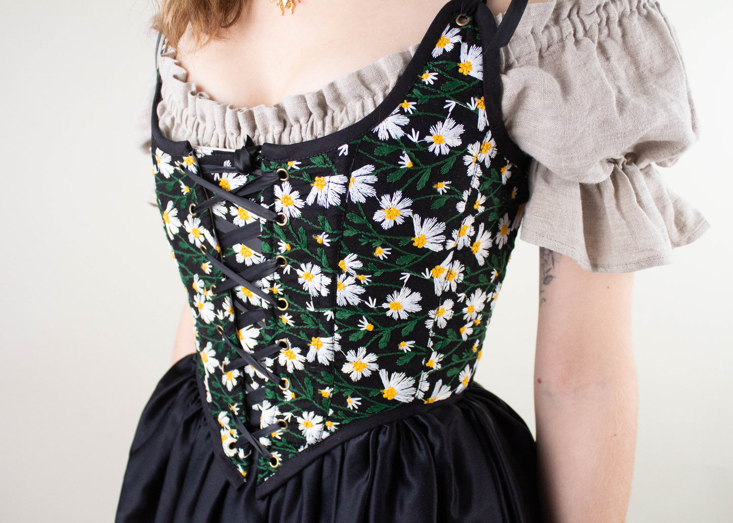 Handmade Black Embroidered Daisies Corset