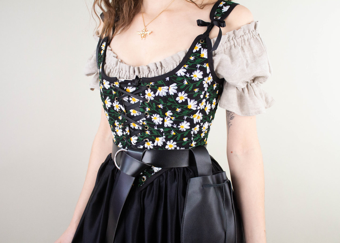 Handmade Black Embroidered Daisies Corset
