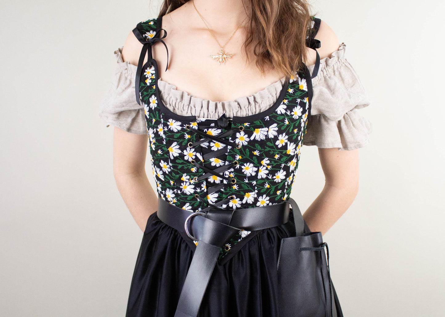 Handmade Black Embroidered Daisies Corset