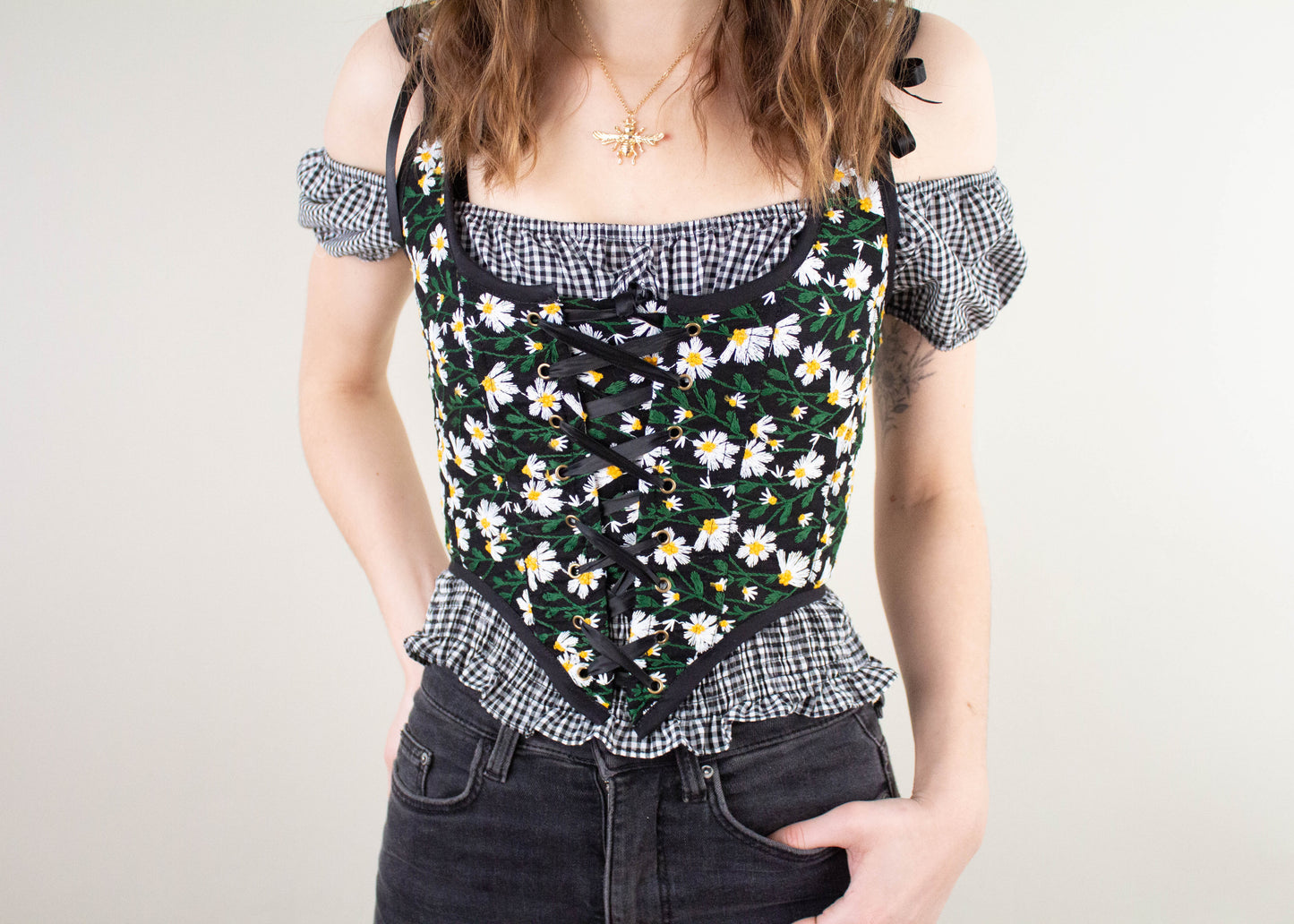 Handmade Black Embroidered Daisies Corset