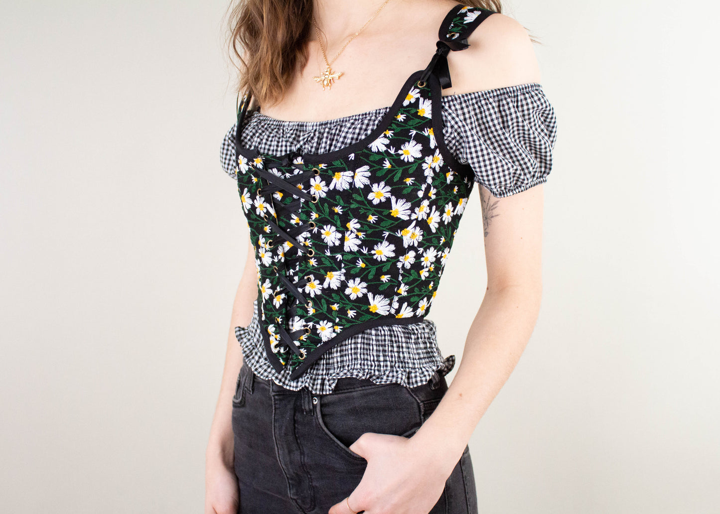 Handmade Black Embroidered Daisies Corset